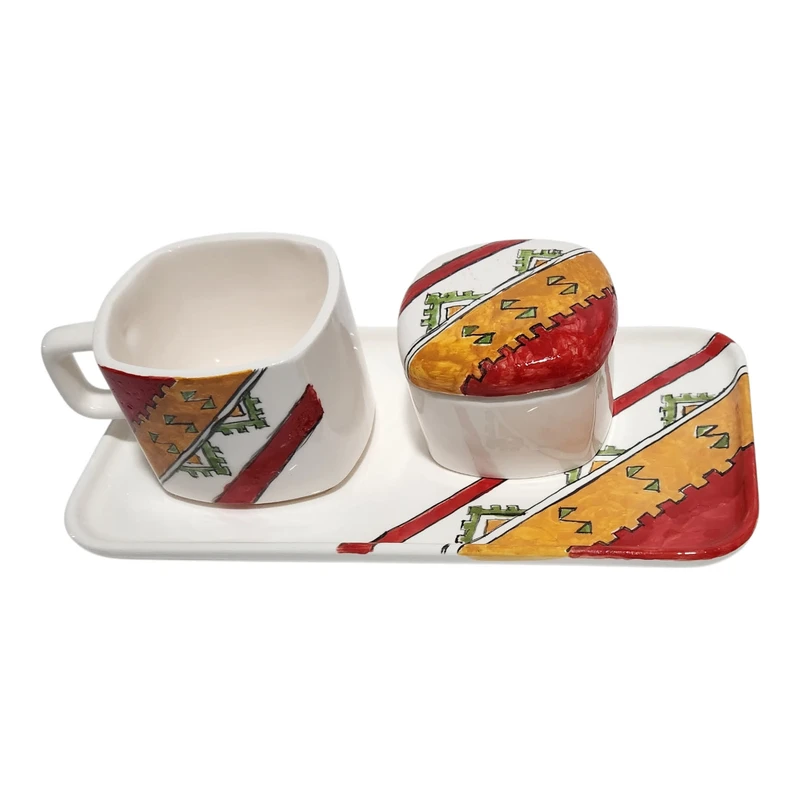 ست فنجان و قندان سرامیکی طرح سنتی به همراه زیر لیوانی