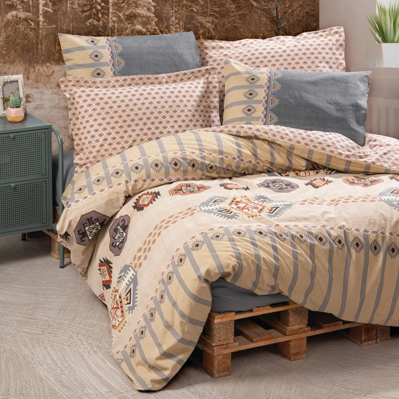 سرویس ملحفه کاتن باکس مدل Ethnic Dakota Gri دو نفره 4 تکه