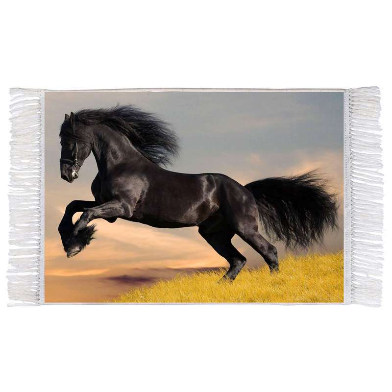 فرش ماشینی دیوارکوب اطلس آبی مدل حیوان اسب کد T1322