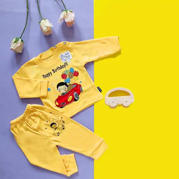 ست تی شرت و شلوار بچگانه مدل HappyBirthday رنگ زرد