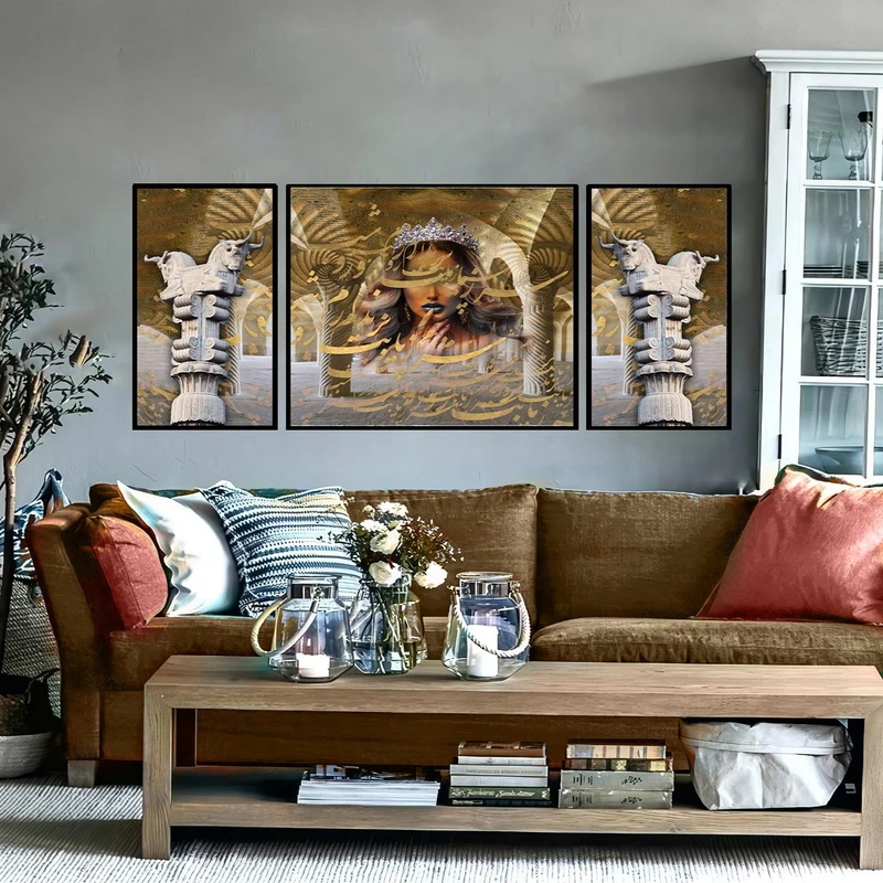 تابلو ساده بکلیت طرح مدرن دیجیتال آرت مدل شاین اکلیلی B-2909 فریم مشکی مجموعه 3 عددی