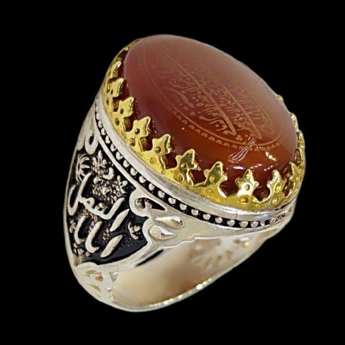 انگشتر نقره مردانه مدل سنگ عقیق خطی طرح آیت الکرسی رکاب دست ساز کد 3800 -  - 1