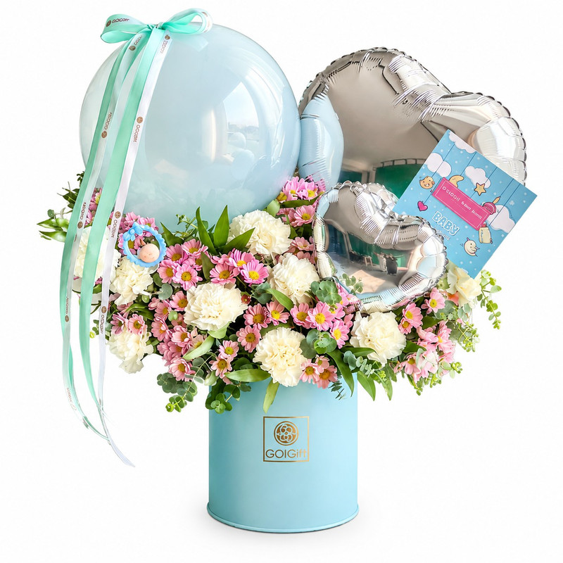 جعبه گل میخک، داودی طبیعی گل گیفت مدل باکس گل بی بی پسر کد 1187