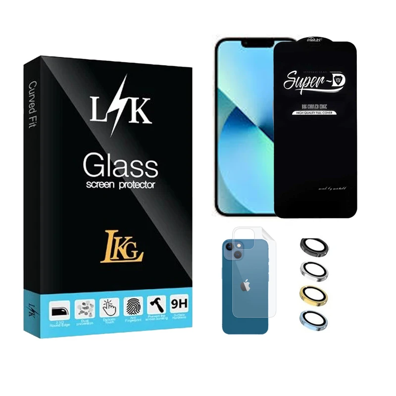 محافظ صفحه نمایش ال کا جی مدل سوپر دی مناسب برای گوشی موبایل اپل iPhone 13 به همراه محافظ پشت گوشی و محافظ لنز