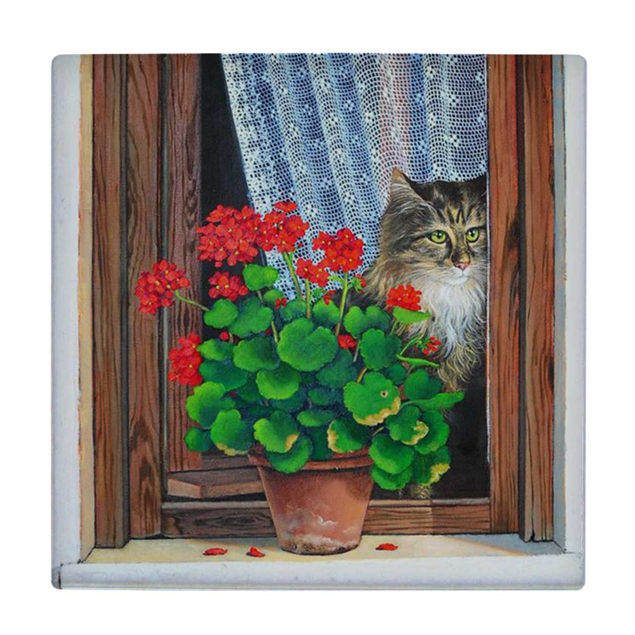 زیر لیوانی طرح نقاشی گلدان شمعدانی و گربه کد 6096817_5267