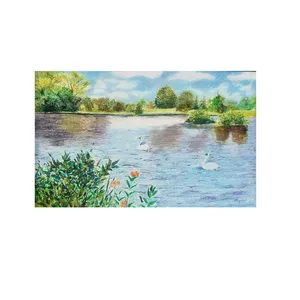 Oil pastel and colored pencil painting of a pond