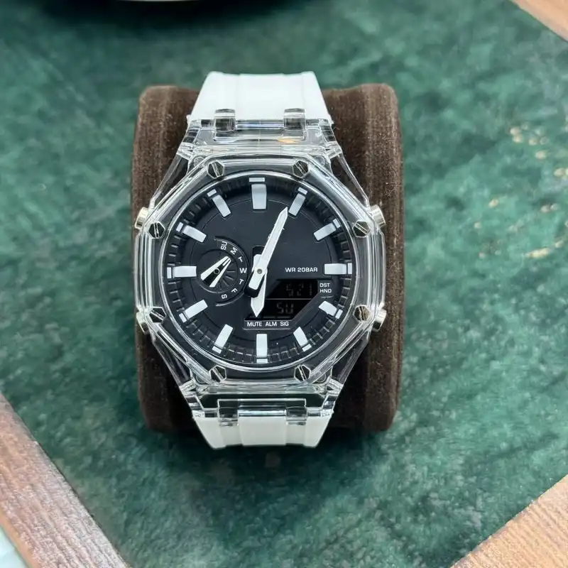 ساعت مچی عقربه ای مدل دو زمانه پمپی قاب شفاف کد w-m