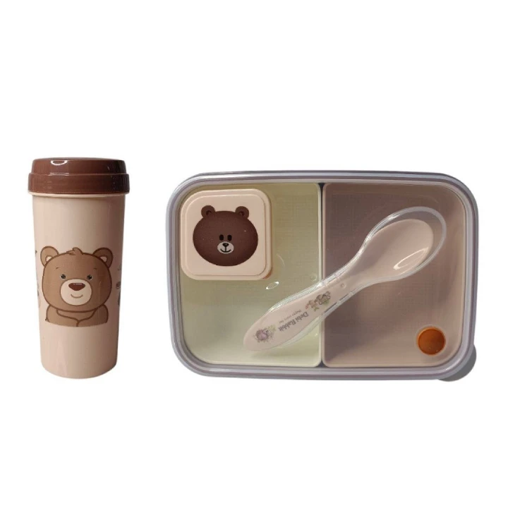 ست ظرف غذا و قمقمه کودک طرح خرسی کد 01 مجموعه 2 عددی
