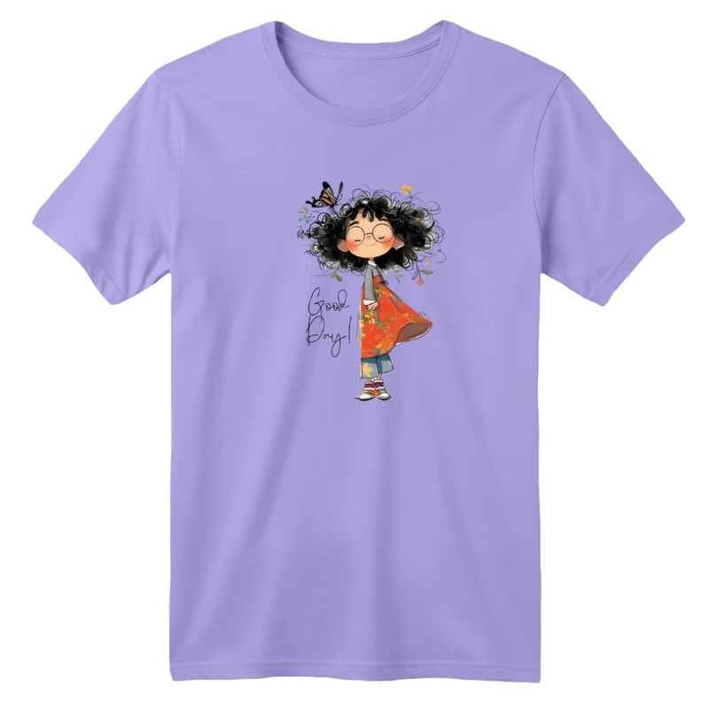 تی‌شرت آستین کوتاه لانگ یقه گرد  بچگانه مدل دخترک و پروانه