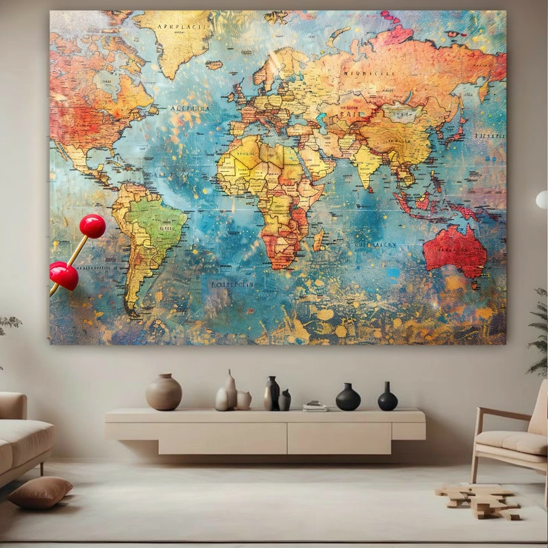 تابلو بوم طرح نقشه جهان رنگی کد BK23502