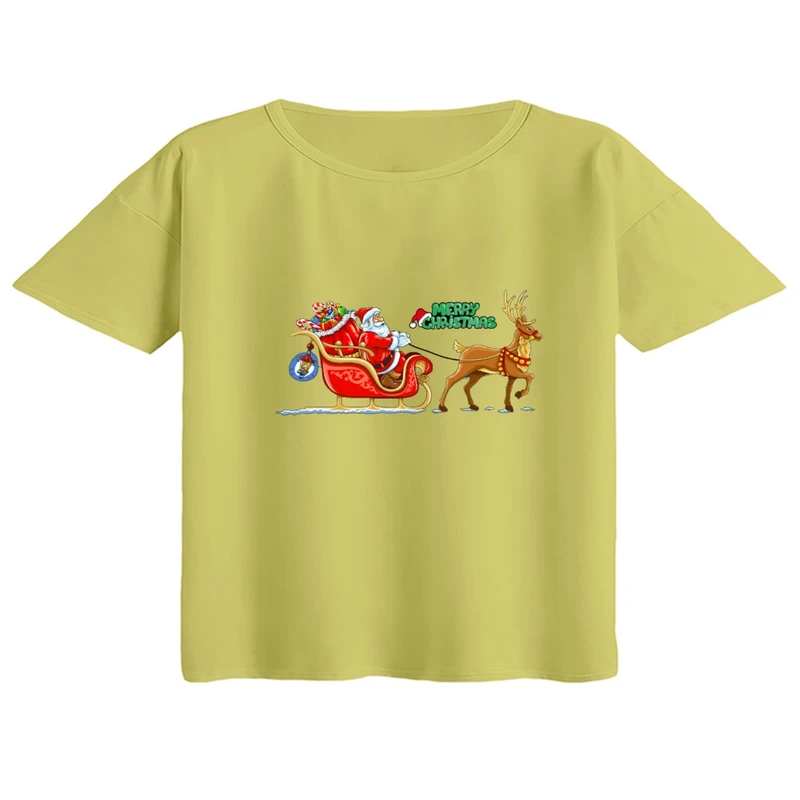 کراپ تی‌شرت آستین کوتاه زنانه مدل بابانوئل و گوزن کریسمس کد 2