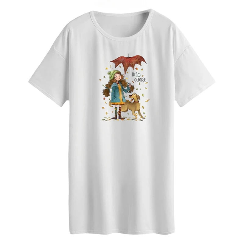 تی شرت لانگ زنانه مدل دخترک و چتر