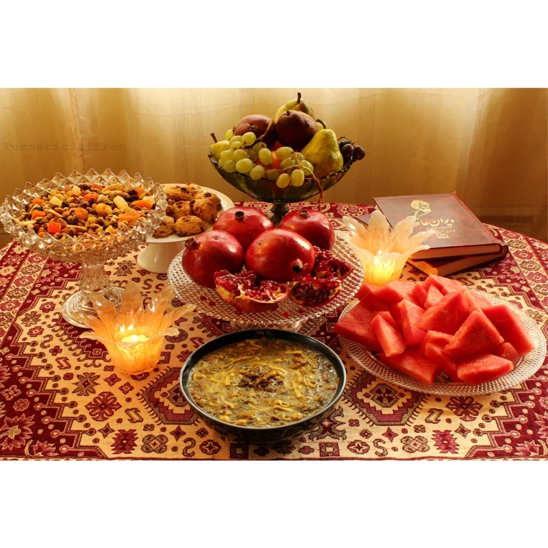 تابلو شاسی مدل شب یلدا مبارک و هندوانه و انار و کتاب حافظ و آش و شمع و آجیل T7307