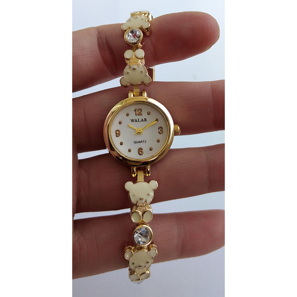 ساعت مچی عقربه ای دخترانه والار مدل بند فلزی ظریف طرح خرسی فانتزی