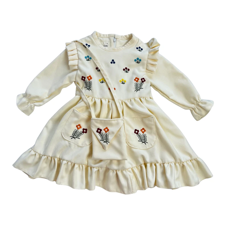 پیراهن آستین بلند یقه گرد دخترانه مدل گلدوزی گل گلی