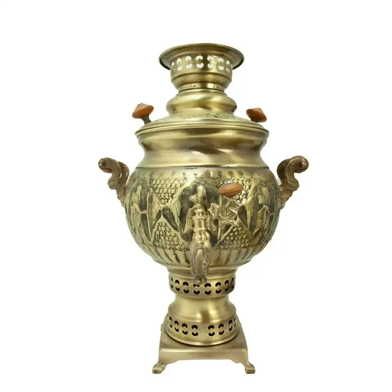 سرویس سماور ذغالی 5 پارچه برنجی مدل جمشید هخامنشی آنتیک