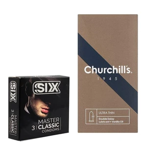 کاندوم چرچیلز مدل Ultra Thin Double Delay بسته 12 عددی به همراه کاندوم سیکس مدل کلاسیک بسته 3 عددی