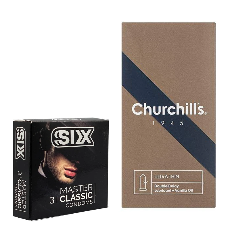 کاندوم چرچیلز مدل Ultra Thin Double Delay بسته 12 عددی به همراه کاندوم سیکس مدل کلاسیک بسته 3 عددی