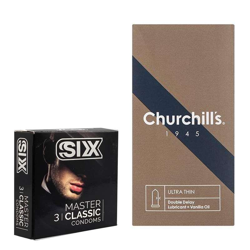 کاندوم چرچیلز مدل Ultra Thin Double Delay بسته 12 عددی به همراه کاندوم سیکس مدل کلاسیک بسته 3 عددی