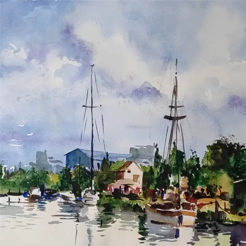 نقاشی آبرنگ طرح طبیعت بندرگاه کد 1024