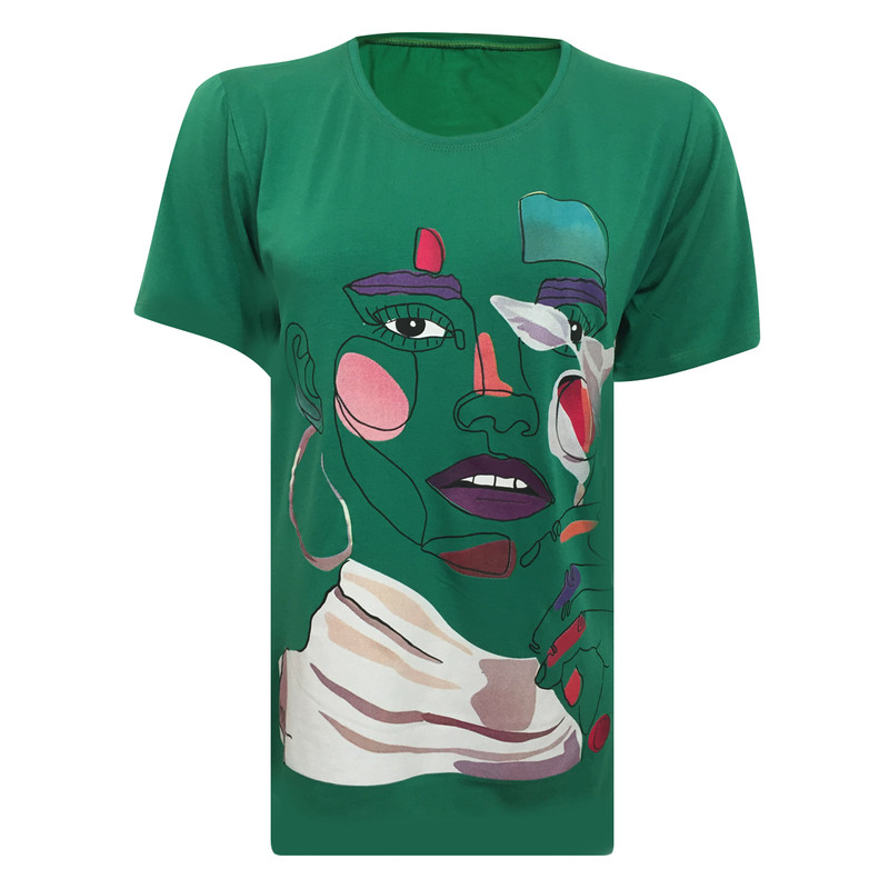تی شرت آستین کوتاه زنانه مدل نخی ویسکوز چاپی چهره کد tm-2320 رنگ سبز