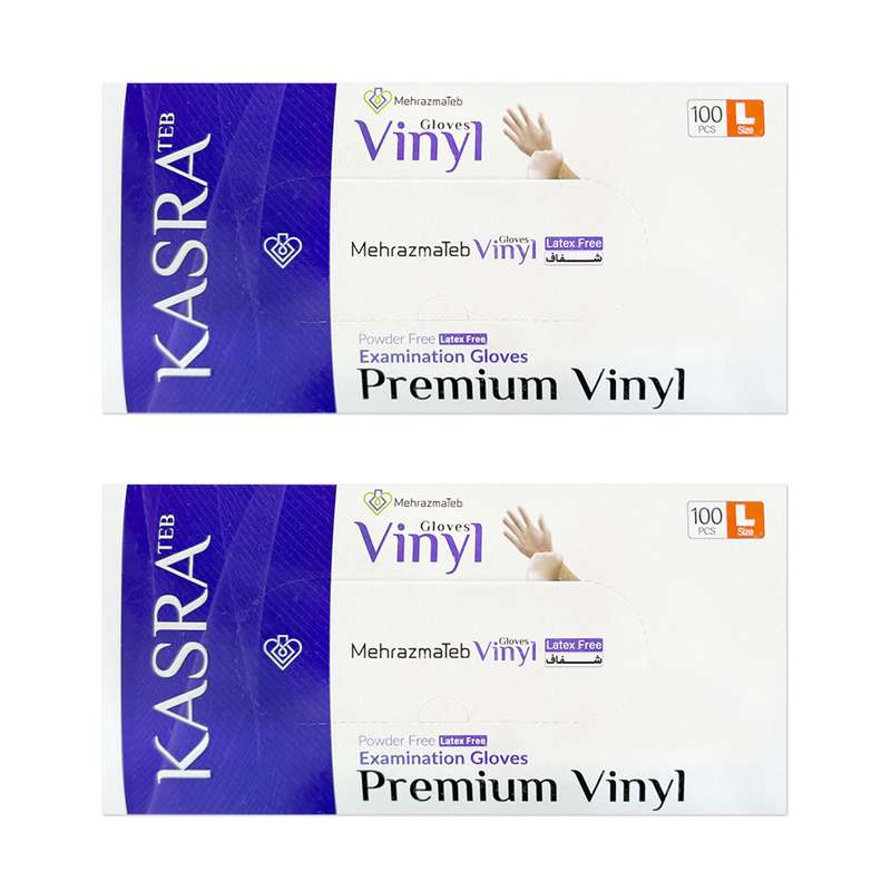 دستکش وینیل غیر پودری کسری طب مدل Latex Free سایز بزرگ بسته 2 عددی
