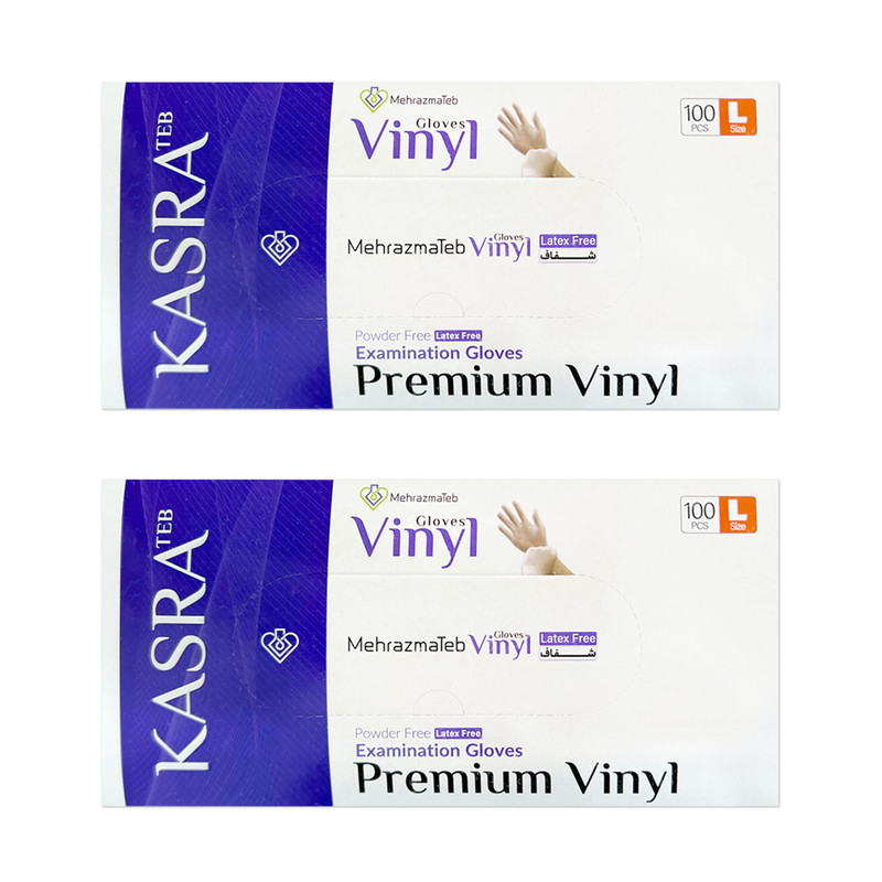 دستکش وینیل غیر پودری کسری طب مدل Latex Free سایز بزرگ بسته 2 عددی