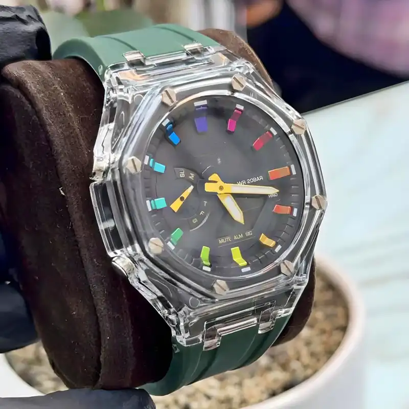 ساعت مچی عقربه ای مدل دو زمانه پمپی قاب شفاف کد s-m