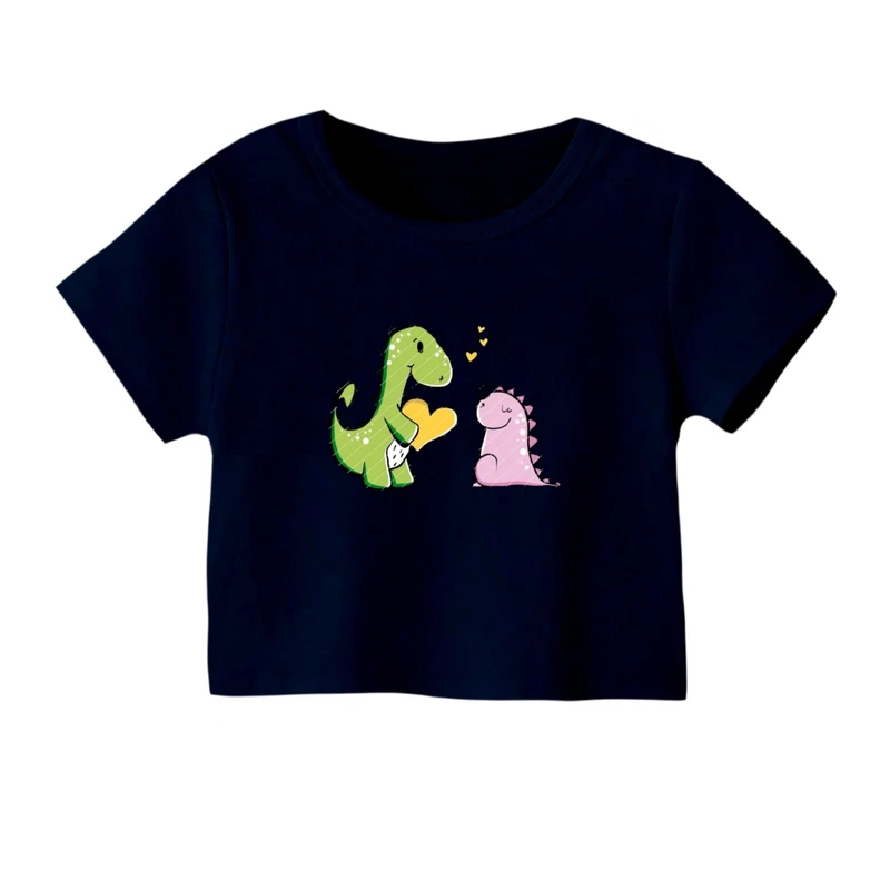 کراپ‌ تی‌شرت آستین کوتاه زنانه مدل دایناسور کارتونی