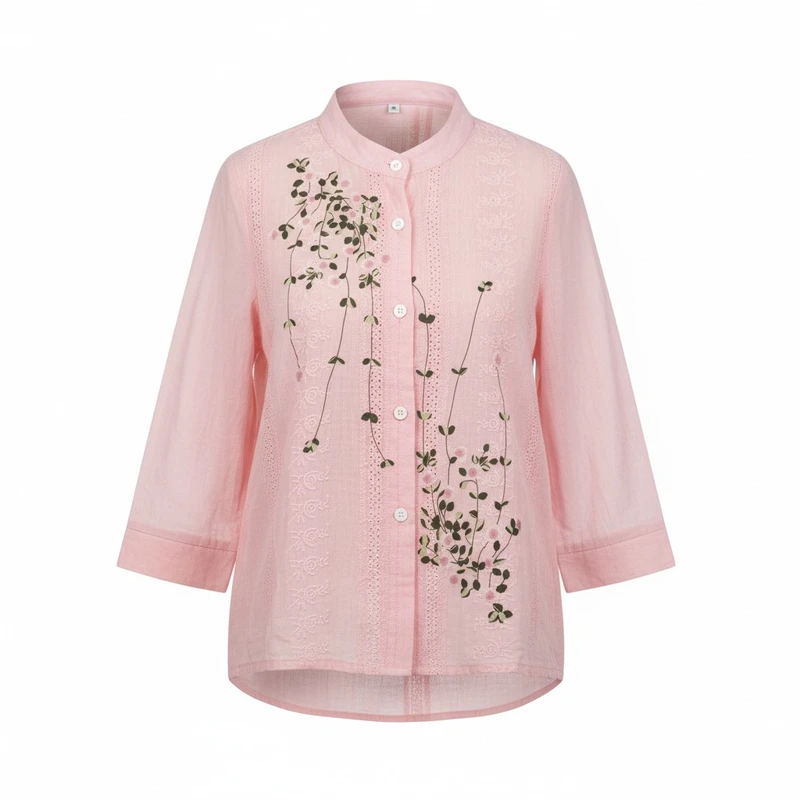 شومیز آستین سه ربع یقه گرد زنانه مدل خامه دوزی چاپی 01003