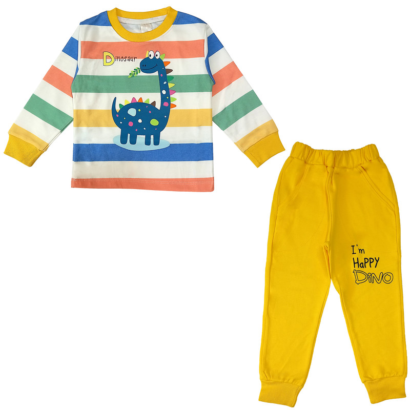 ست تی شرت و شلوار پسرانه مدل راه راه دایناسور کد 3524 رنگ زرد