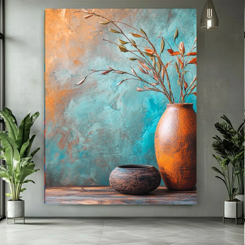پوستر پارچه ای طرح مخمل  گلدان مدرن مدل شاخه برگ دکوراتیو کد FP106571