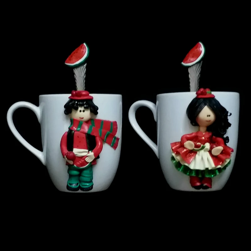 ماگ سرامیکی مدل هندوانه و انار کد L651 به همراه قاشق مجموعه 2 عددی