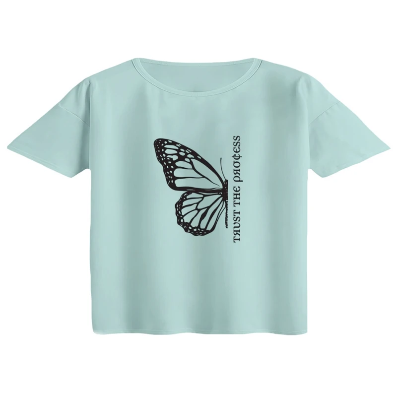 کراپ تی‌شرت آستین کوتاه زنانه مدل پروانه کد 04