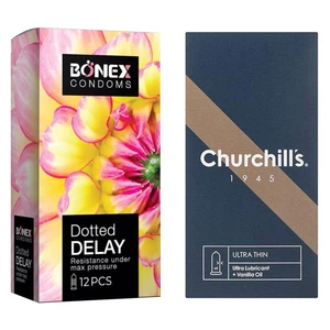 کاندوم چرچیلز مدل Ultra Thin بسته 12 عددی به همراه کاندوم بونکس مدل Dotted Delay بسته 12 عددی