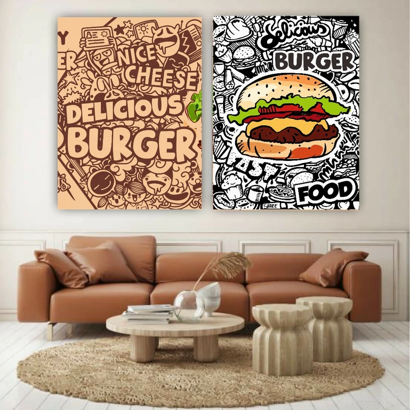 تابلو بوم طرح مخمل همبرگر لذیذ مجموعه 2 عددی کد AR303866