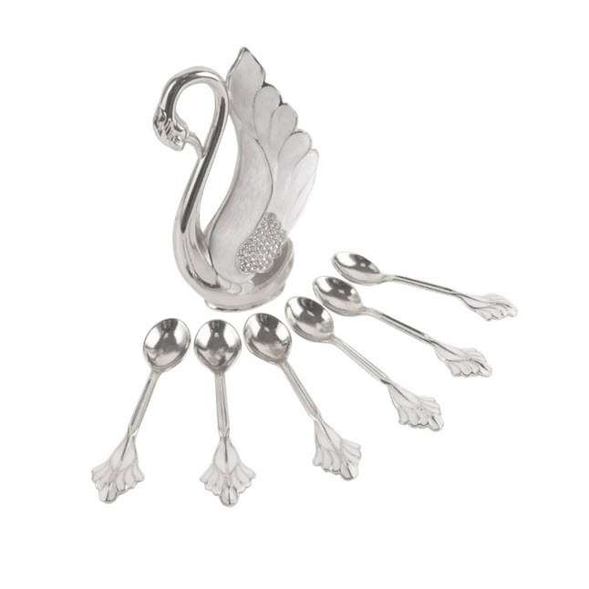 قاشق چای خوری مدل نگین دار طرح قو بسته 6 عددی به همراه جاقاشقی