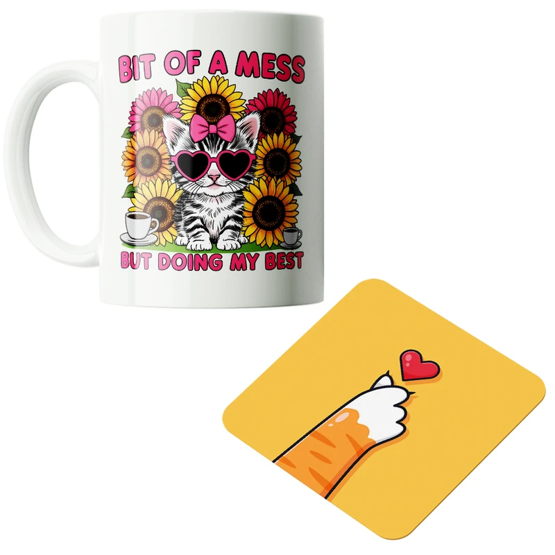 ماگ پاد آفرین مدل گربه کیوت فانتزی بامزه کارتونی کد PZ152 به همراه زیرلیوانی