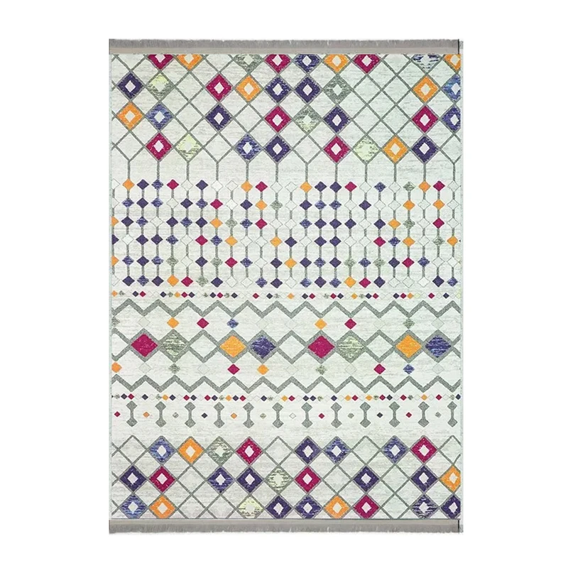 فرش ماشینی 1000 شانه زمینه سفید حاشیه چند رنگ هانوکس مدل مراکشی کد MHX.009.1