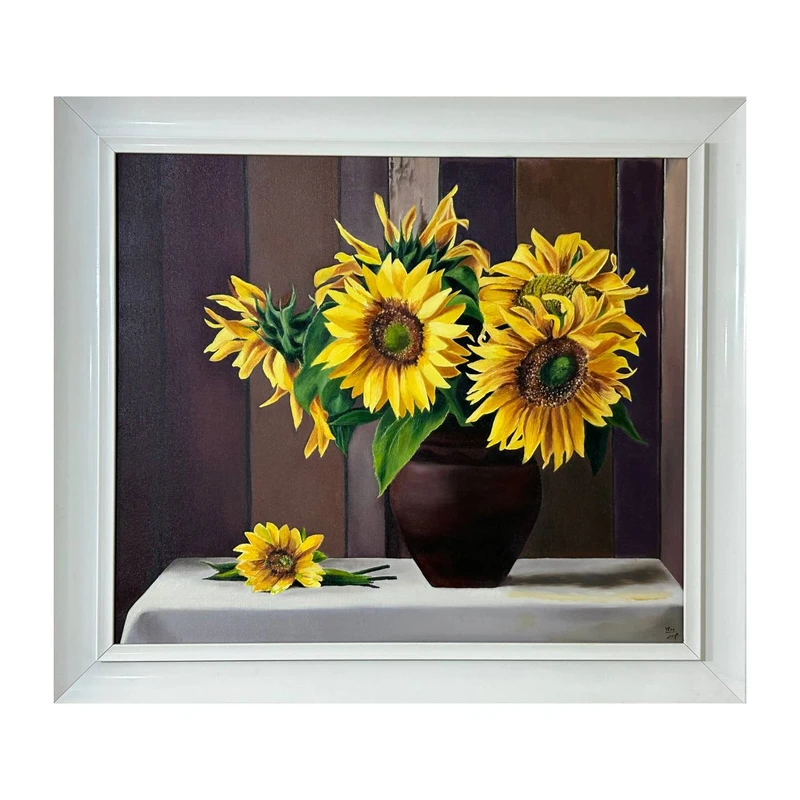 تابلو نقاشی رنگ روغن به سبک رئالیسم طرح گل آفتابگردان 