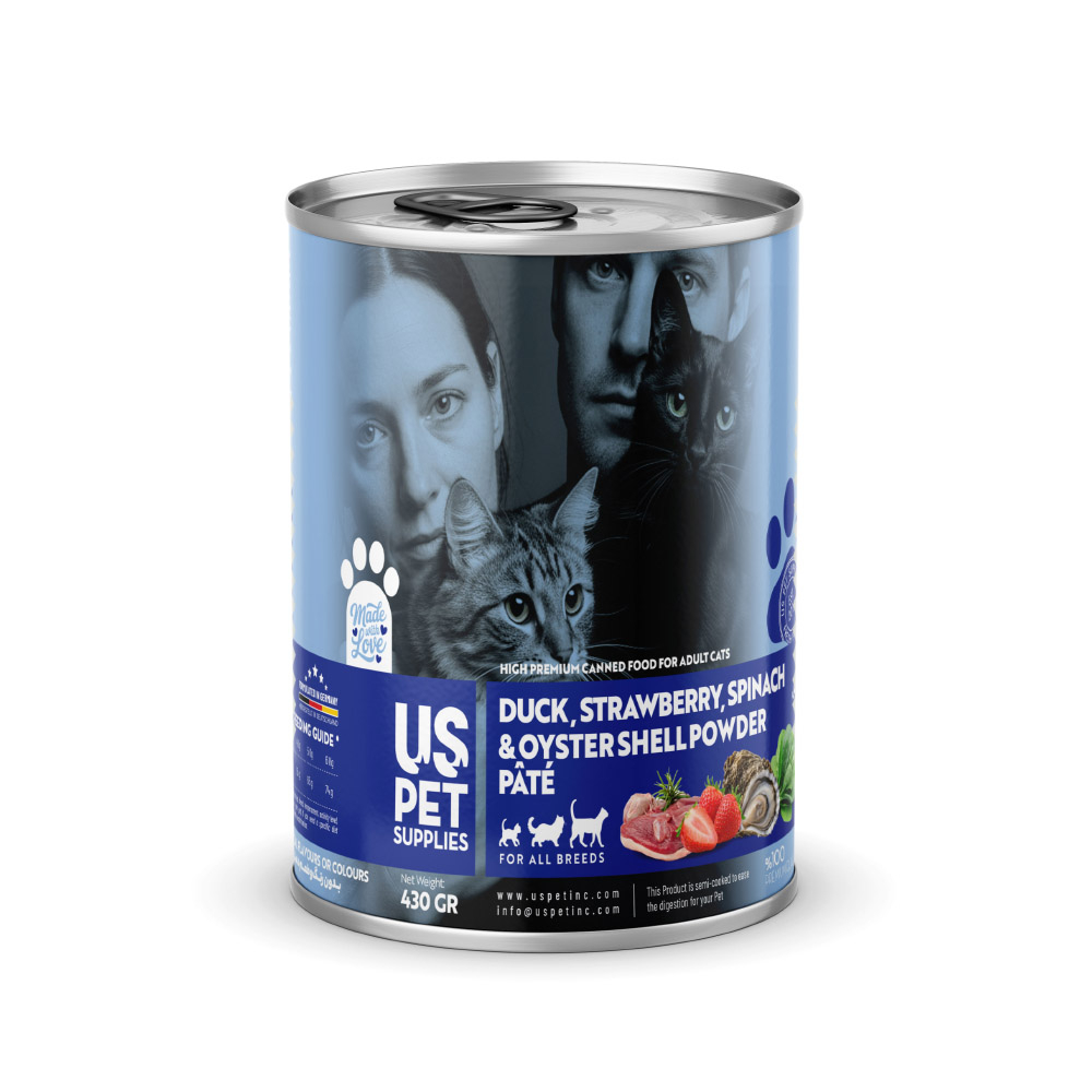 کنسرو غذای گربه بالغ یو اس پت مدل های پریمیوم طعم اردک، اسفناج، توت فرنگی و پودر صدف – وزن 430 گرم