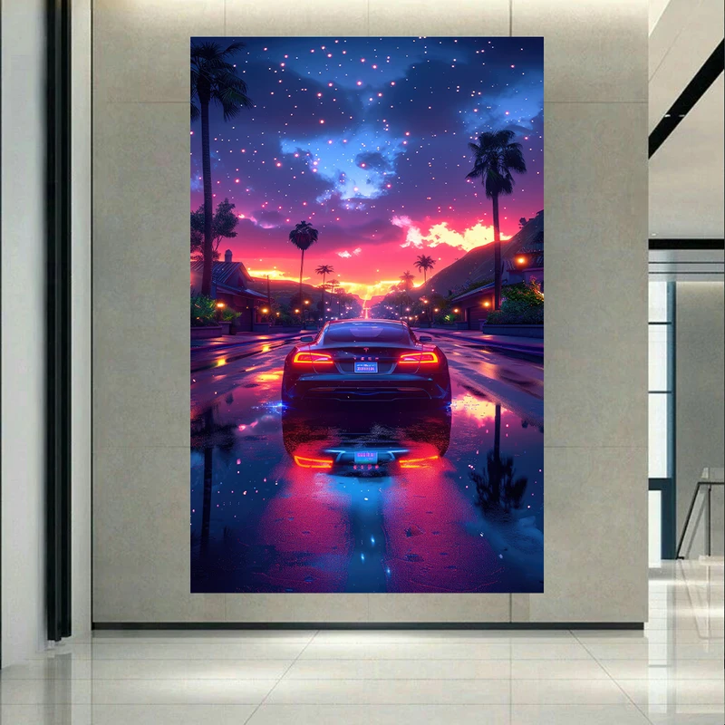 پوستر پارچه ای طرح مخمل سایبرپانک مدل ماشین نئونی کد AR303663