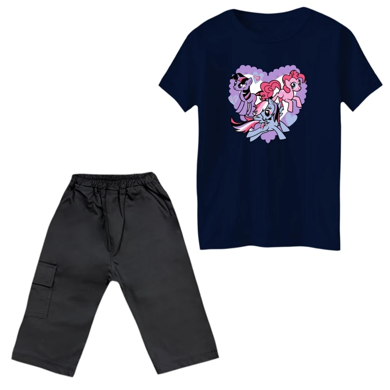 ست تی‌شرت و شلوارک دخترانه مدل پونی کد 2 رنگ سرمه ای