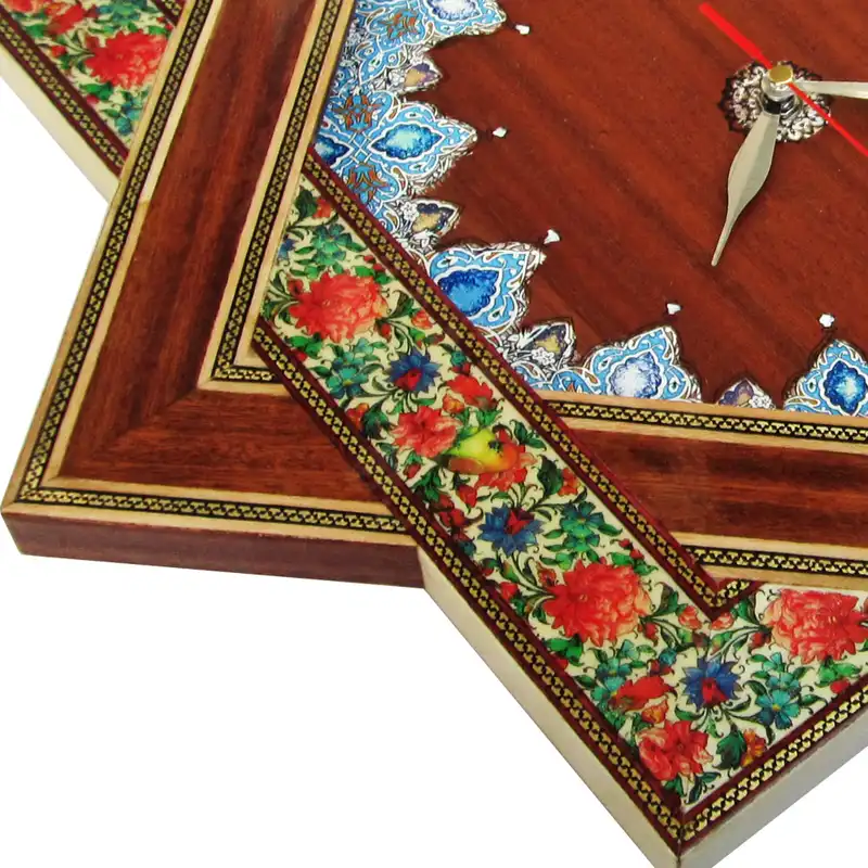 ساعت دیواری خاتم کاری طرح نقاشی گل و مرغ مدل تک