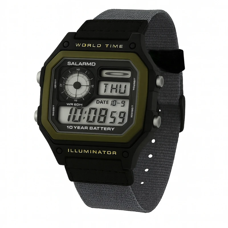 ساعت مچی دیجیتال مردانه مدل اسپرت کرنوگراف جهان نما بند برزنتی کد ۴