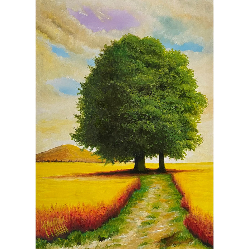 تابلو نقاشی رنگ روغن طرح درخت و کشتزار کد 112