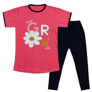 ست تی شرت و لگینگ دخترانه مدل گل رنگ صورتی تیره