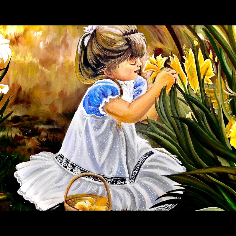 تابلو نقاشی رنگ روغن طرح دختری با نرگس