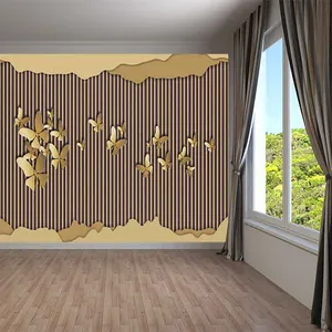 پوستر دیواری سه بعدی مدل پروانه طلایی زمینه راه راه DVRF2287