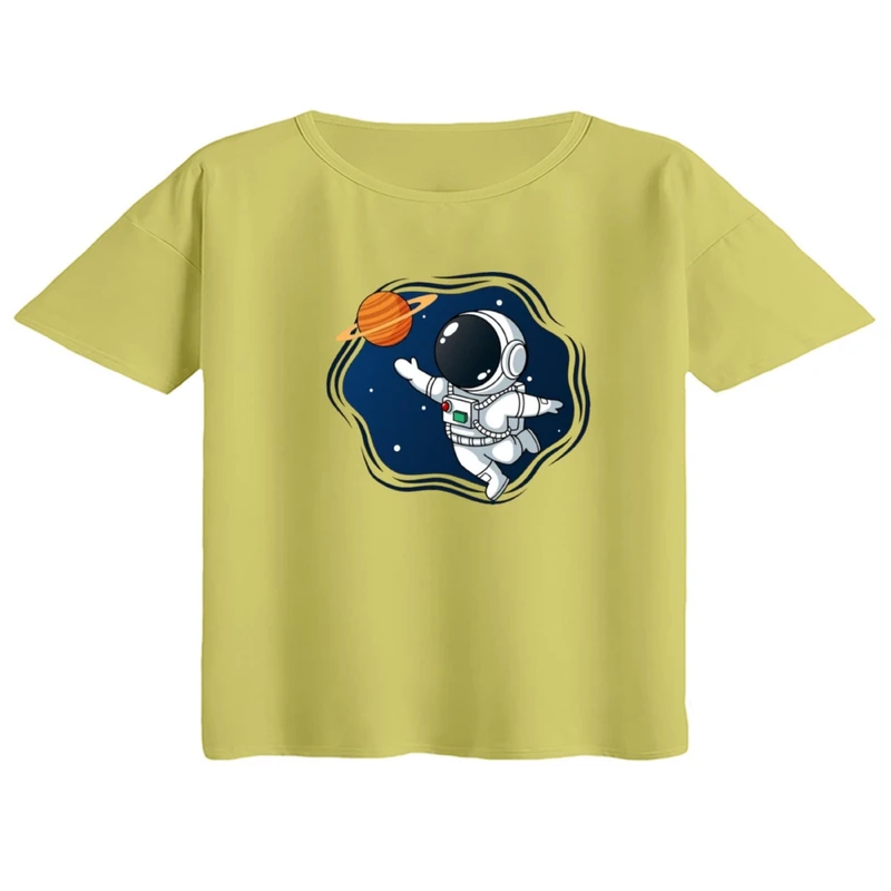 کراپ تی‌شرت آستین کوتاه زنانه مدل فضانورد کد ۱۵ رنگ لیمویی